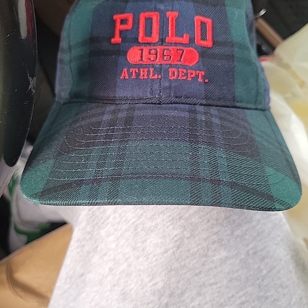 Polo by Ralph Lauren Green & Navy Plaid Cap with Red Embroidery